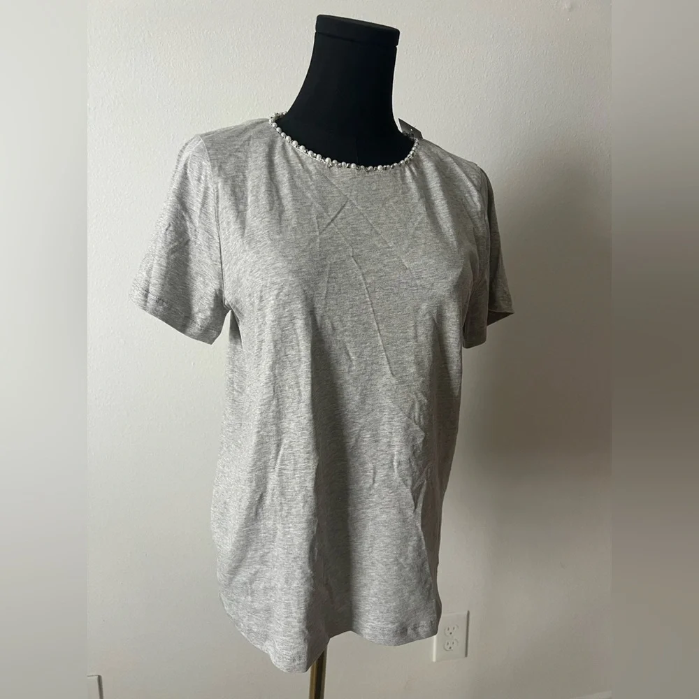 J. Crew Gray Pearl and Crystal Embellished Tee Size‎ Medium NWT